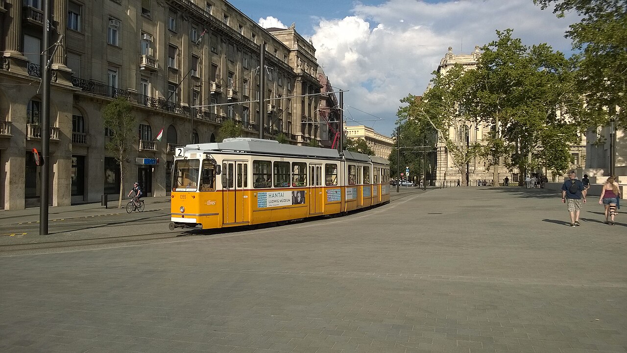 Yellow tram beside the Danube in Budapest